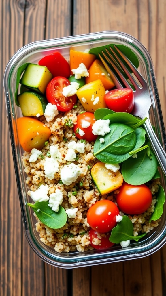 A vibrant quinoa bowl with roasted vegetables and spinach, topped with feta cheese, ready for meal prep on a wooden table.